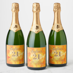 21st Birthday Yellow - Orange Watercolor Sparkling Wine Label