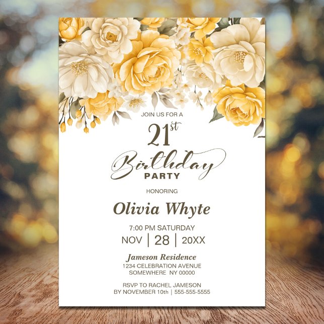 21st Birthday Yellow Rose Floral Party Invitation (Creator Uploaded)