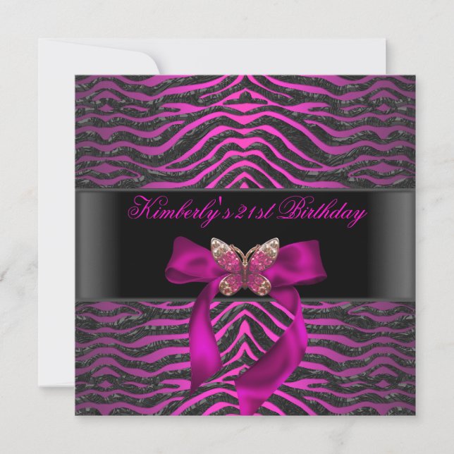 21st Birthday Zebra Black Silver Pink Butterfly Invitation (Front)