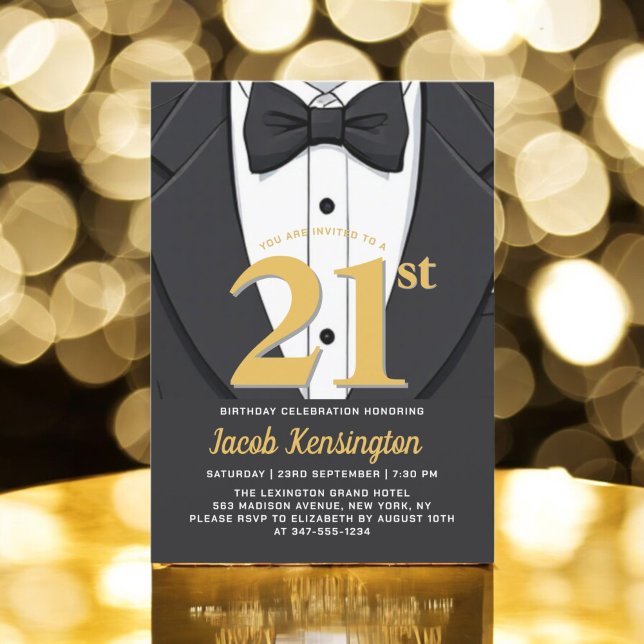 21st Black and Gold Tuxedo Birthday Event Invitation (Creator Uploaded)