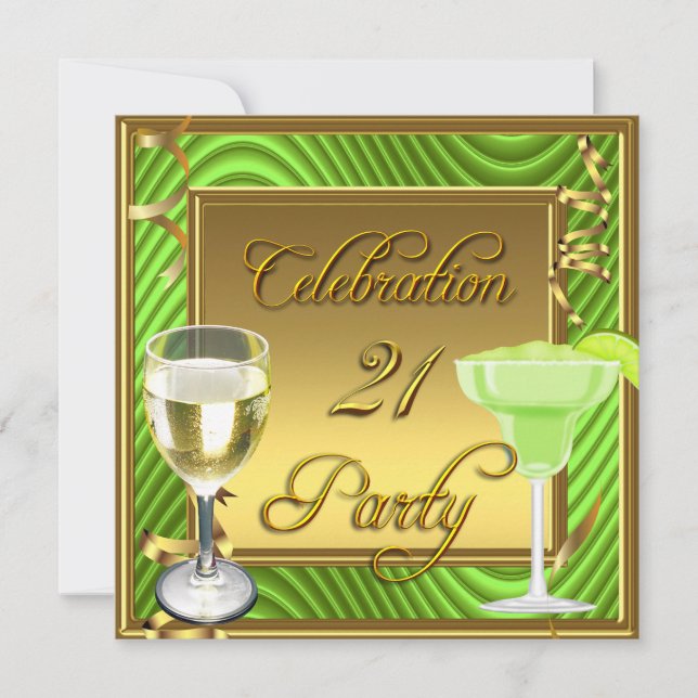21st Celebration Gold Lime Green Birthday Party Invitation (Front)