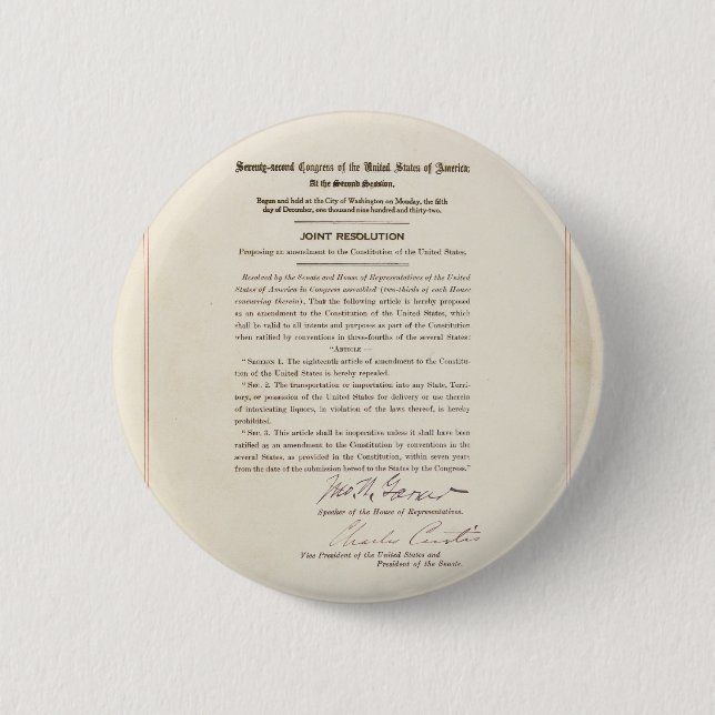 21st Constitutional Amendment Ending Prohibition 2 Inch Round Button (Front)