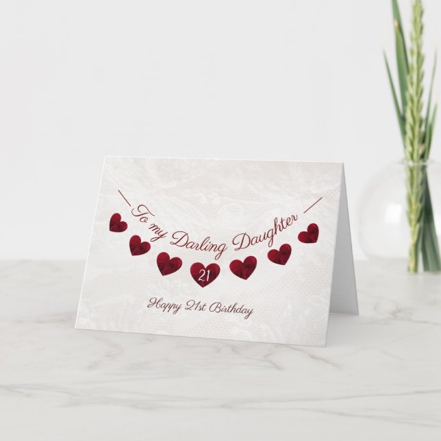 21st Darling Daughter birthday Red Heart Bunting Card (Front)