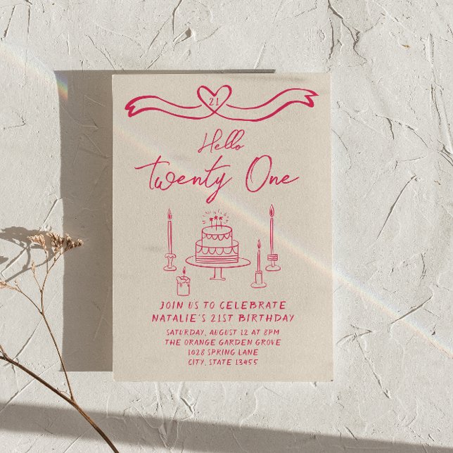 21st Hand Drawn Cake Hello Twenty One Birthday Invitation (Creator Uploaded)
