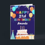 21st Happy Birthday Balloons Cake Navy Blue Card<br><div class="desc">21st Happy Birthday Colourful Balloons Cake Navy Blue with personalized name. For further customization,  please click the "Customize it" button and use our design tool to modify this template.</div>