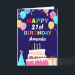 21st Happy Birthday Balloons Cake Navy Blue Card<br><div class="desc">21st Happy Birthday Colourful Balloons Cake Navy Blue with personalized name. For further customization,  please click the "Customize it" button and use our design tool to modify this template.</div>