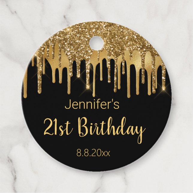 21st happy birthday black gold dripping glitters  favour tags (Front)