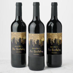 21st happy birthday black golden glitters wine label