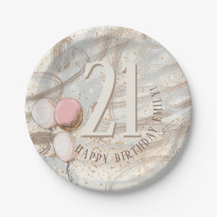 21st Happy Birthday Name Balloons Abstract Paper Plate