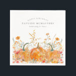 21st Happy Birthday Pumpkin Wildflower Custom Napkin<br><div class="desc">Fall pumpkins are nestled in delicate golden yellow and orange wildflowers to create an elegant aesthetic. All of the text is editable so you can easily craft your own special mood.</div>