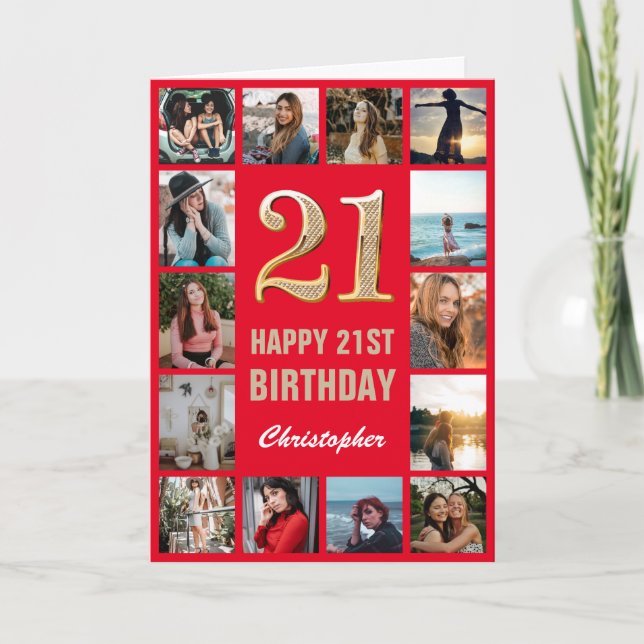 21st Happy Birthday Red and Gold Photo Collage Card (Front)