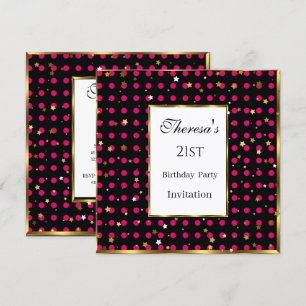 21st Hot Pink Polka Dots Gold Stars Birthday  Invitation