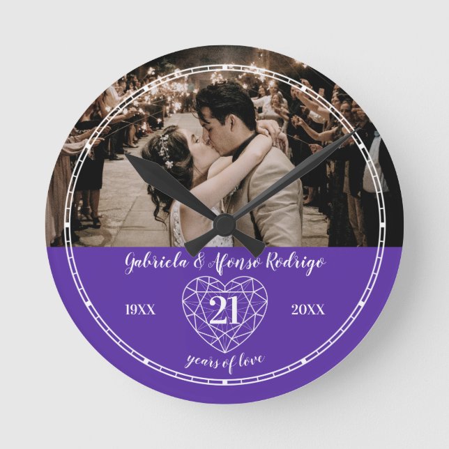 21st Iolite Wedding Anniversary heart gem purple Round Clock (Front)