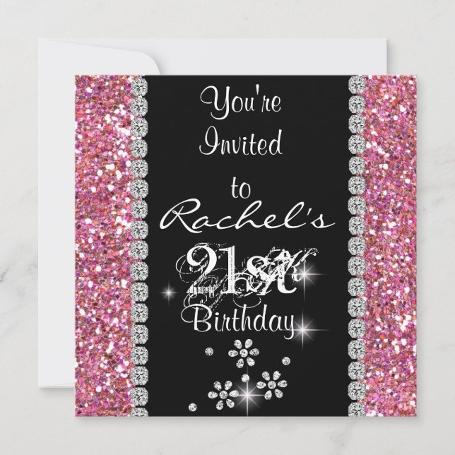 21st PINK  Birthday Party Invitation BLING (Front)