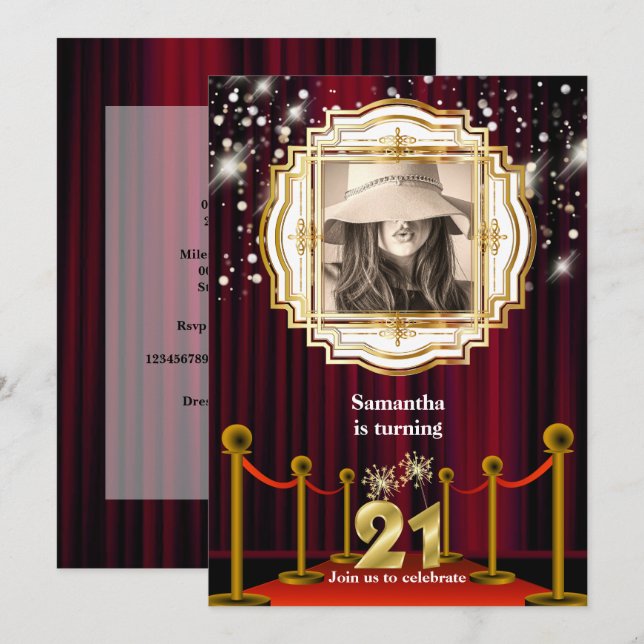 21st red carpet hollywood VIP gold bling party Invitation (Front/Back)