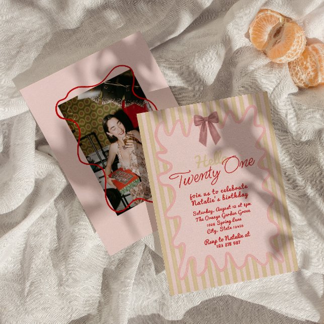 21st Retro Drawn Bow Wavy Frame Photo Birthday  Invitation (Creator Uploaded)