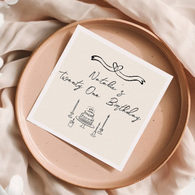 21st Retro Hand Written Drawn Cake Bow Birthday Napkin (Creator Uploaded)