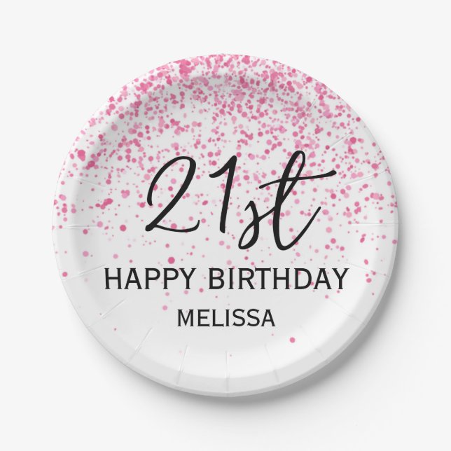 21st Sparkling Hot Pink Glitter Birthday Paper Plate (Front)