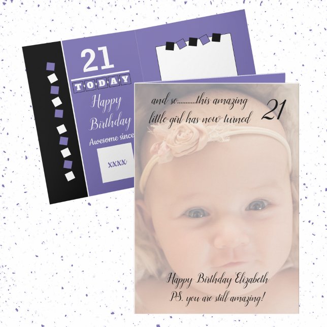 21st still amazing purple and black birthday photo card (Creator Uploaded)