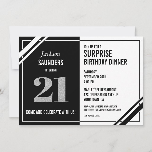 21st Surprise Birthday Modern Black White Dinner Invitation (Front)