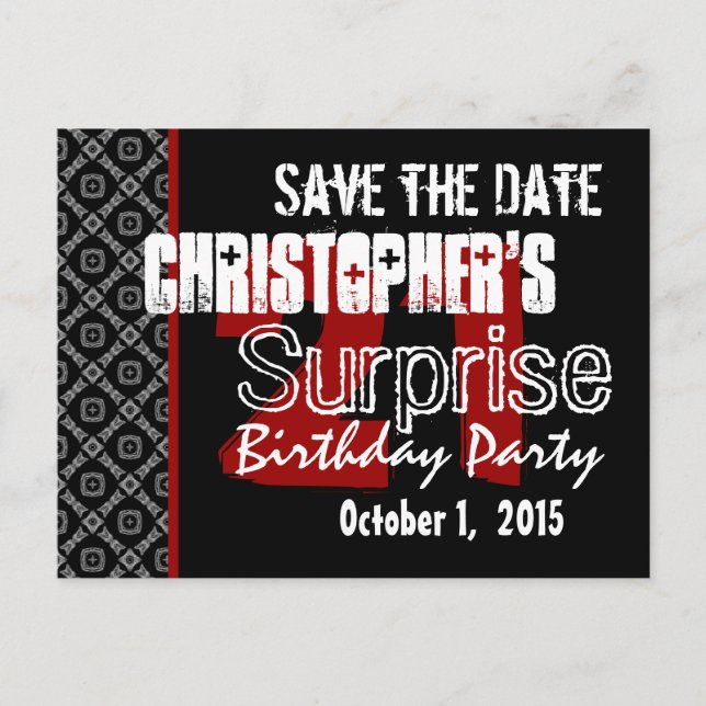21st Surprise Save the Date Modern Black White Red Announcement Postcard (Front)