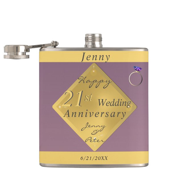 21st Wedding Anniversary Brass & Iolite Hip Flask (Opened)