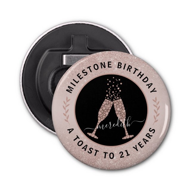  21stBirthday Glitter Champagne Toast Personalized Bottle Opener (Front)