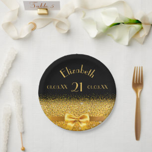 21th birthday black gold elegance name paper plate