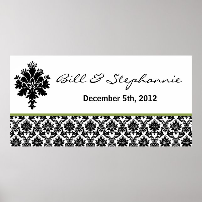 22.5"x7.5" Personalized Banner Black Green Damask Poster (Front)