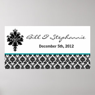 22.5"x7.5" Personalized Banner Black Teal Damask Poster