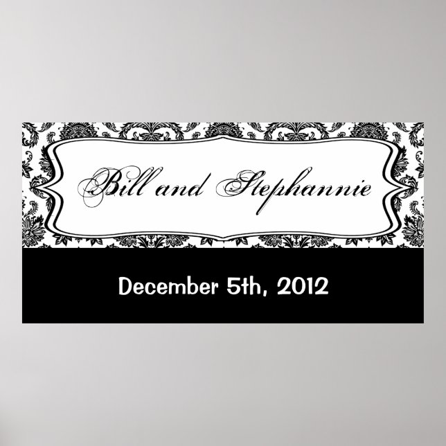 22.5"x7.5" Personalized Banner Black White Damask Poster (Front)
