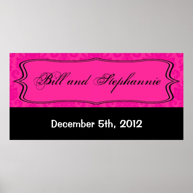 22.5"x7.5" Personalized Banner Hot Pink Bla Damask Poster (Front)