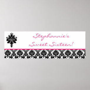 22.5"x7.5" Personalized Banner Hot Pink Damask Poster