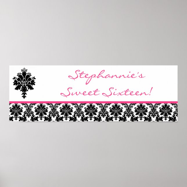 22.5"x7.5" Personalized Banner Hot Pink Damask Poster (Front)