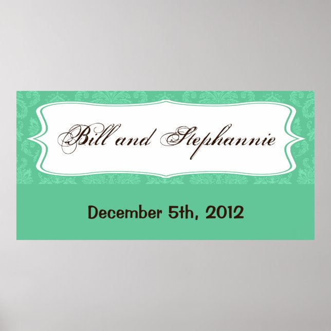 22.5"x7.5" Personalized Banner Mint White Damask Poster (Front)