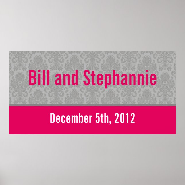 22.5"x7.5" Personalized Banner Modern Gray Damask Poster (Front)