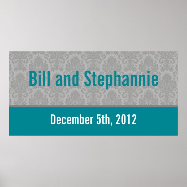 22.5"x7.5" Personalized Banner Modern Gray Damask Poster (Front)