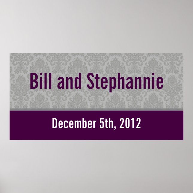 22.5"x7.5" Personalized Banner Modern Gray Damask Poster (Front)