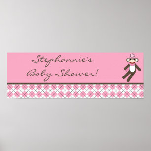 22.5"x7.5" Personalized Banner Pink Sock Monkey Poster