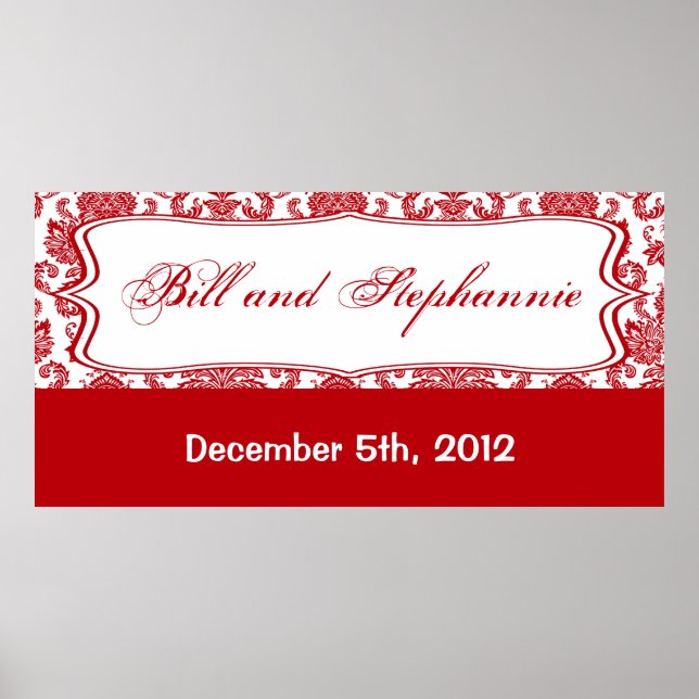 22.5"x7.5" Personalized Banner Red White Damask Poster (Front)