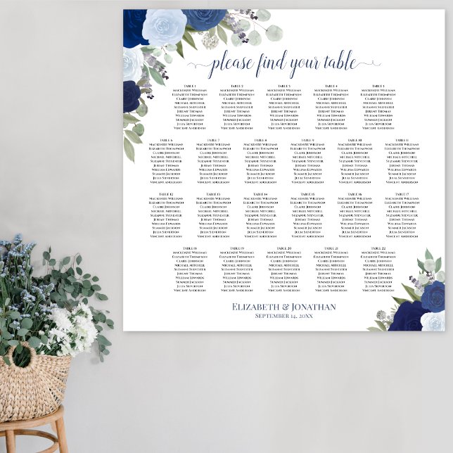22 Table Blue Boho Floral Wedding Seating Chart (In Situ on Wall)