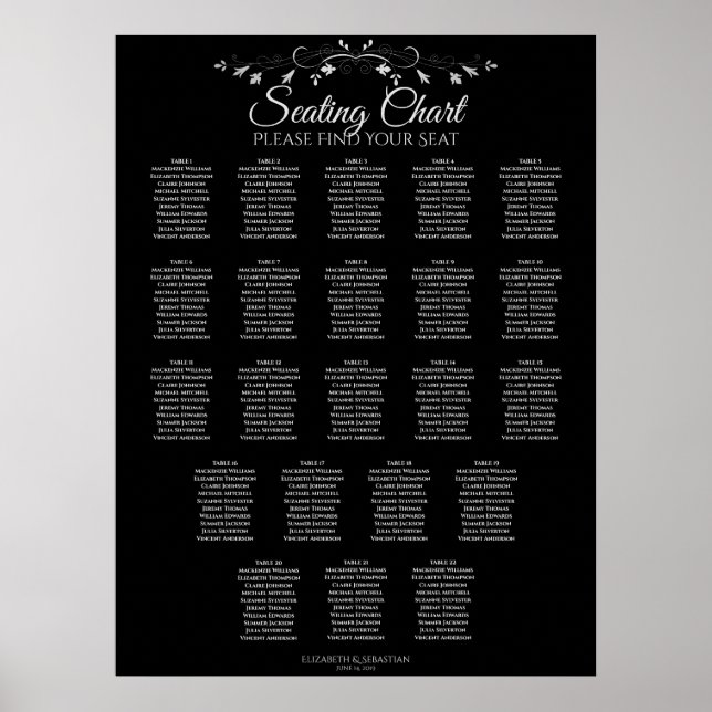 22 Table Elegant Black Wedding Seating Chart (Front)