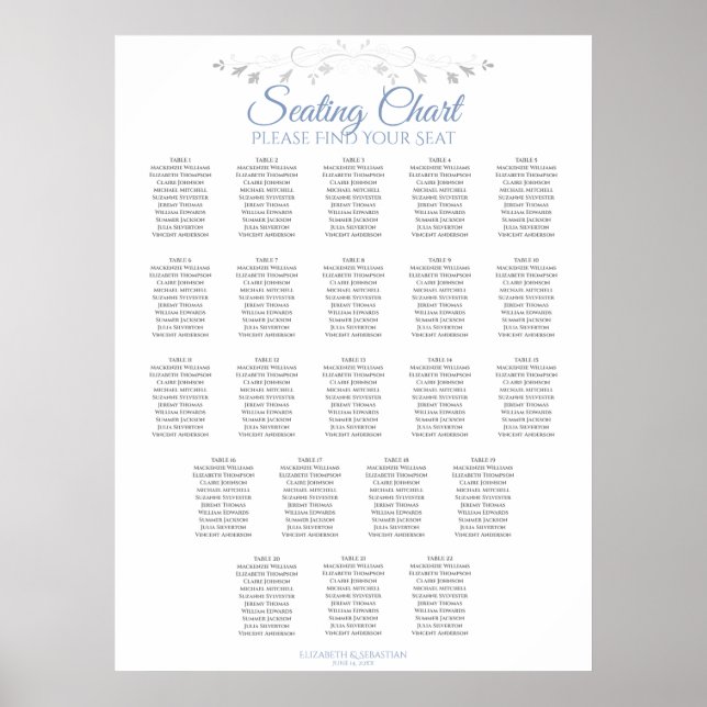 22 Table Elegant Blue & Gray Wedding Seating Chart (Front)