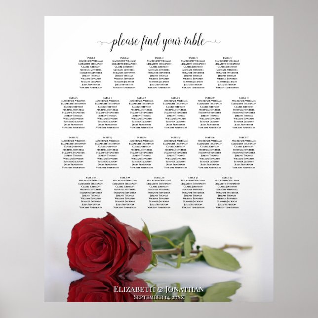 22 Table Elegant Red Rose Wedding Seating Chart (Front)
