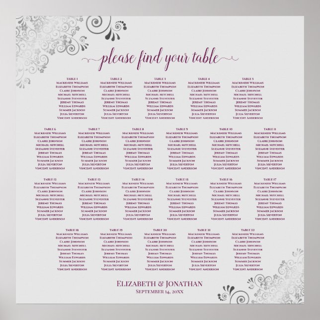 22 Table Lacy Cassis & Grey Wedding Seating Chart (Front)
