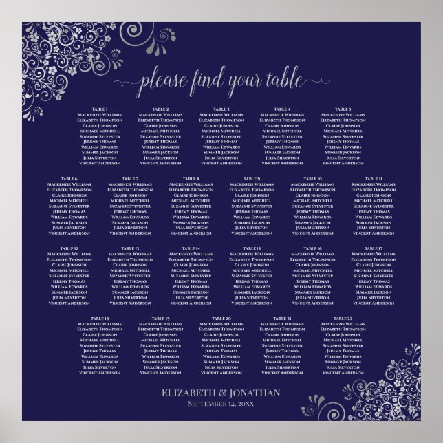22 Table Lacy Silver on Navy Wedding Seating Chart (Front)