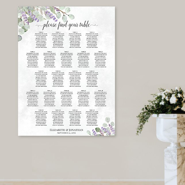 22 Table Lavender Eucalyptus Wedding Seating Chart (In Situ on Wall)