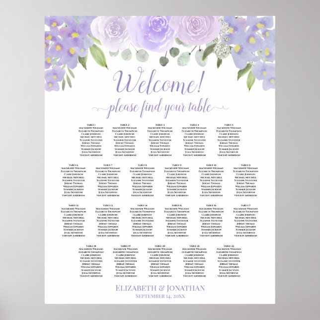 22 Table Lavender Floral Wedding Seating Chart (Front)