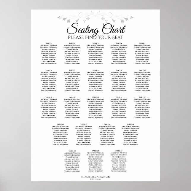 22 Table Simple Elegant Wedding Seating Chart (Front)