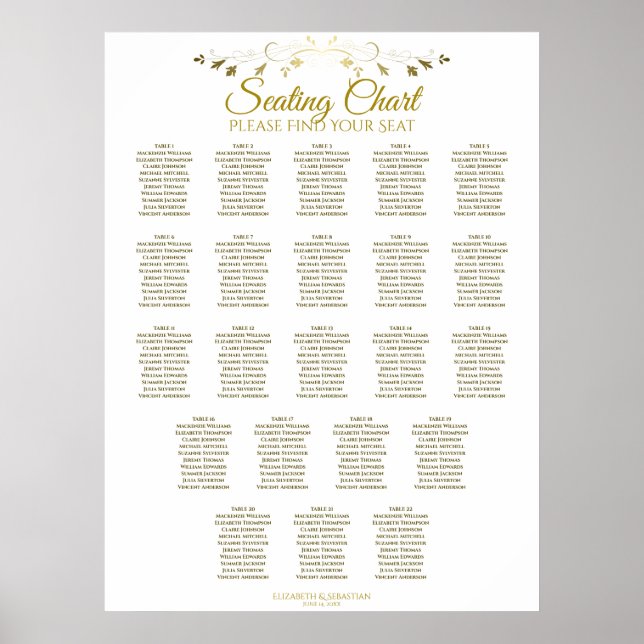 22 Table Simple Gold White Wedding Seating Chart (Front)